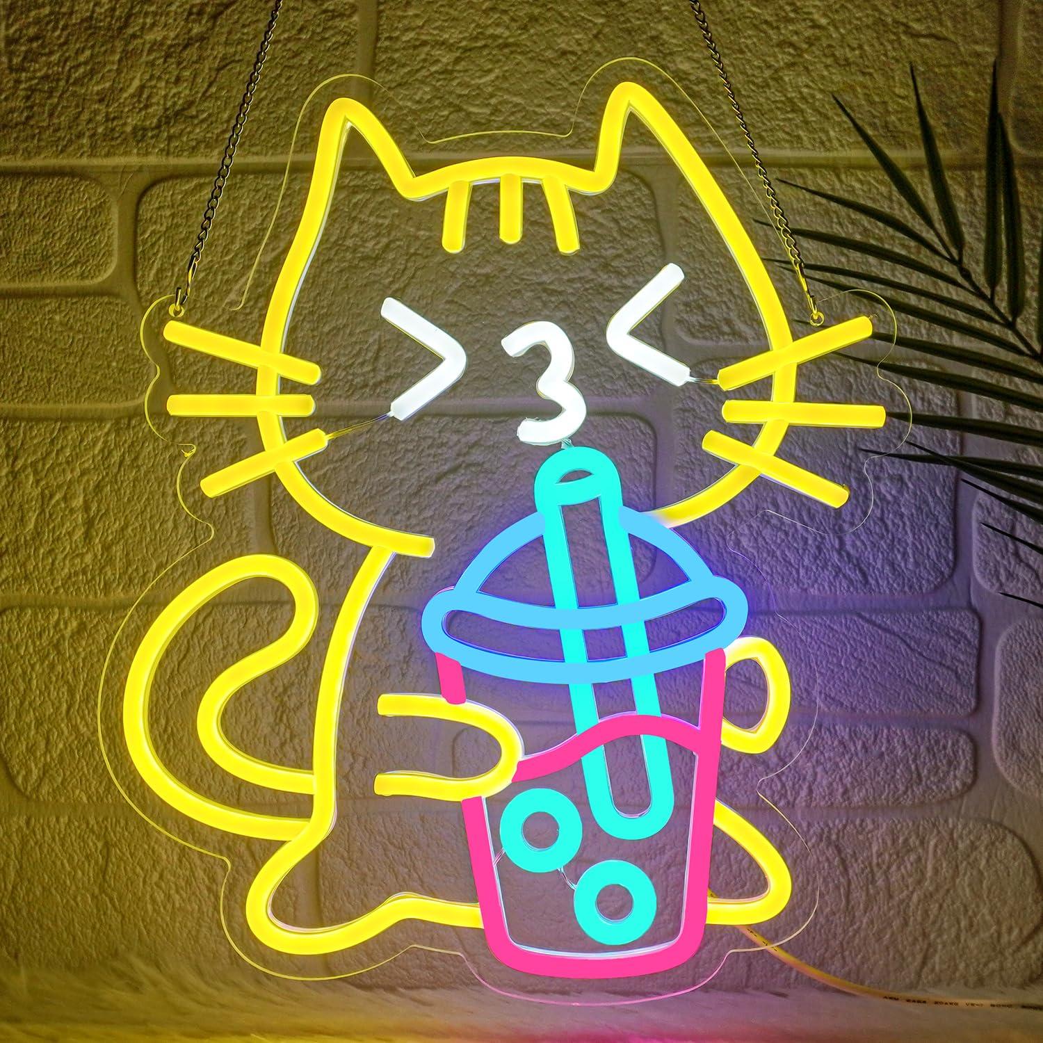Coffee Tea Boba - Letreiro Neon de Gato para Chá