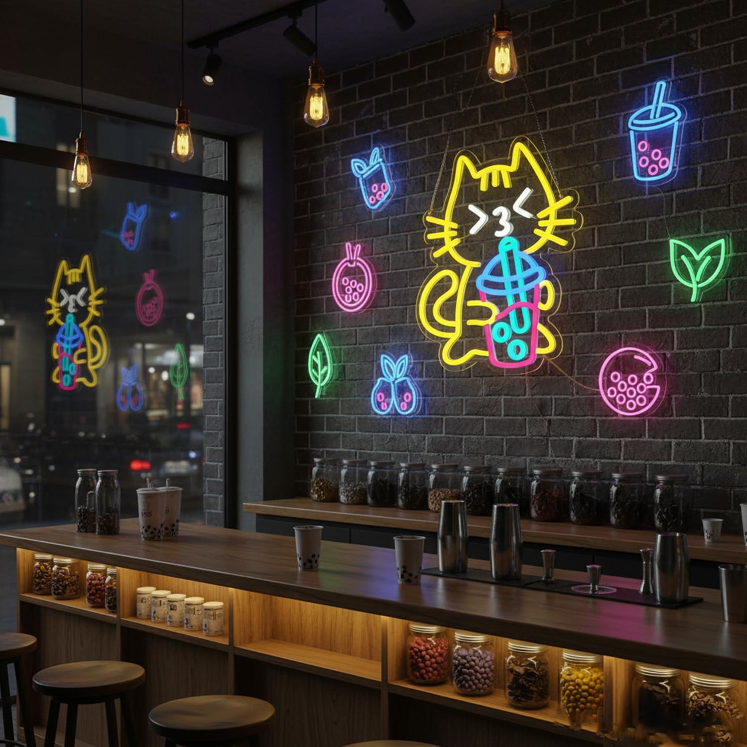 Letreiro Neon de Gato para Chá - Coffee Tea Boba avaliação e preço